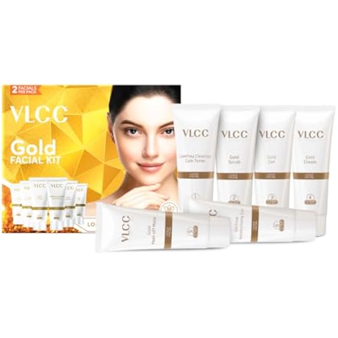 VLCC GOLD FACIAL KIT FOR BRIGHT & GLOWING SKIN 60G | 6-STEP FACIAL KIT WITH GOLD INFUSED PRODUCTS | CLEANSER, SCRUB, GEL, CREAM, PEEL-OFF MASK, & MOISTURIZING GEL | INSTANT GLOW & HYDRATION. - Image 3